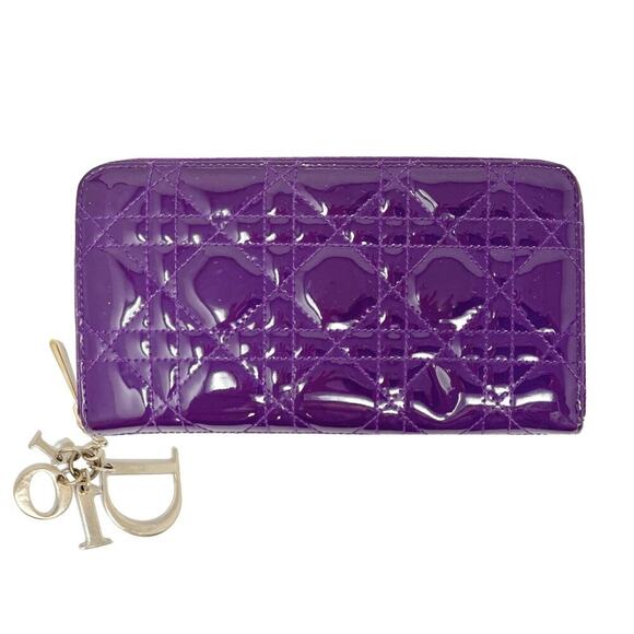 Christian Dior Purple Patent Cannage Quilted Zipper Wallet with Logo Charms - Picture 1 of 7
